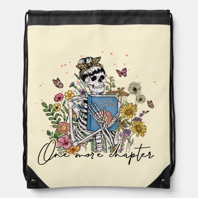One More Chapter Floral Skeleton Drawstring Bag (Front)