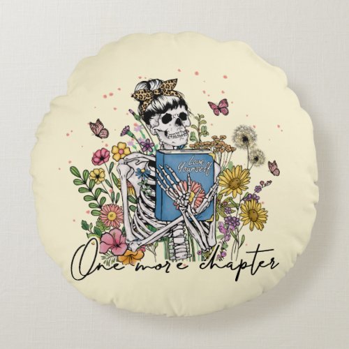 One More Chapter Floral Skeleton Round Pillow