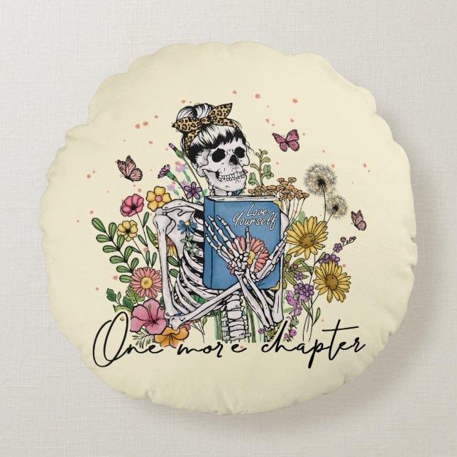 One More Chapter Floral Skeleton Round Pillow (Front)