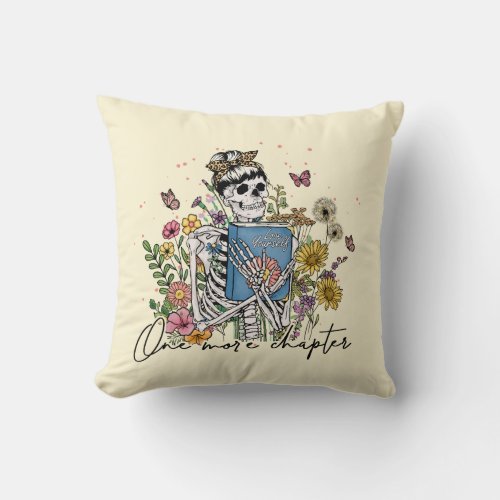 One More Chapter Floral Skeleton Throw Pillow