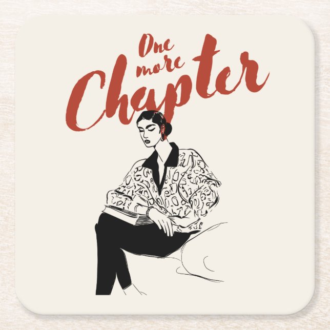 One More Chapter Red Script l Book Lovers & Reader Square Paper Coaster (Front)