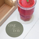 One More Day Wedding Rehearsal Sage Green Round Paper Coaster<br><div class="desc">Minimalist wedding rehearsal dinner coaster featuring typography text that says "one more day." The background is sage green.</div>