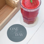 One More Day Wedding Rehearsal Steel Blue Round Paper Coaster<br><div class="desc">Minimalist wedding rehearsal dinner coaster featuring typography text that says "one more day." The background is steel blue.</div>