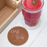 One More Day Wedding Rehearsal Terracotta Round Paper Coaster<br><div class="desc">Minimalist wedding rehearsal dinner coaster featuring typography text that says "one more day." The background is terracotta.</div>