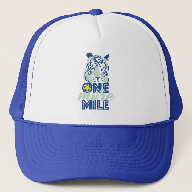 One More Mile Motivational Blue Tiger Water Bottle Trucker Hat (Front)