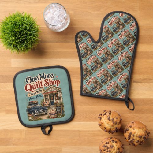 One More Quilt Shop Vintage Cottage Scene Oven Mitt & Pot Holder Set