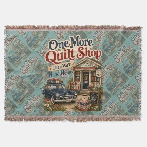 One More Quilt Shop Vintage Cottage Scene Throw Blanket
