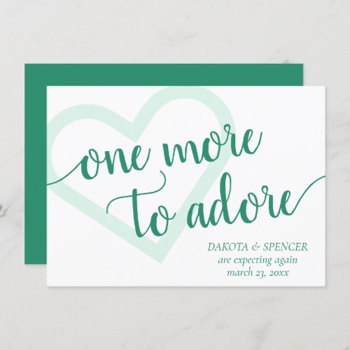 One More to Adore  Neo Mint Green Heart New Baby Announcement