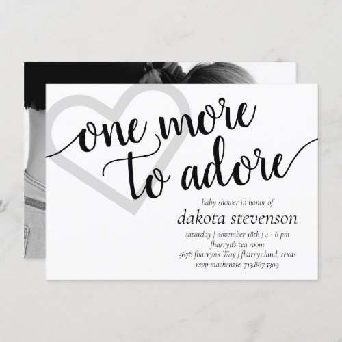 One More to Adore  Simple Black Baby Shower Photo Invitation