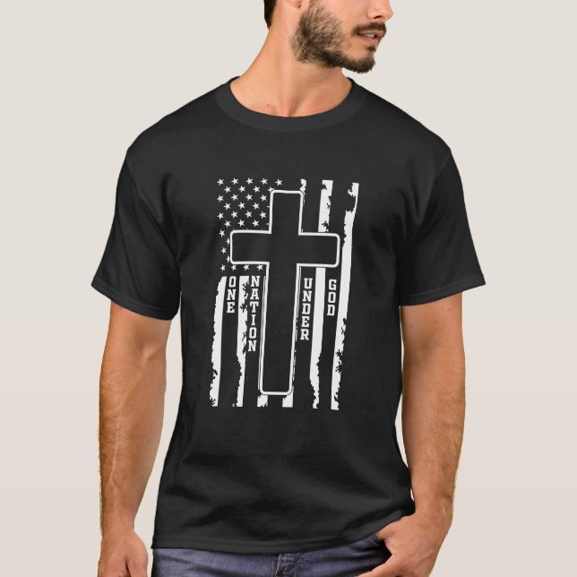 One Nation Under God Cross & American Flag T-Shirt (Front)