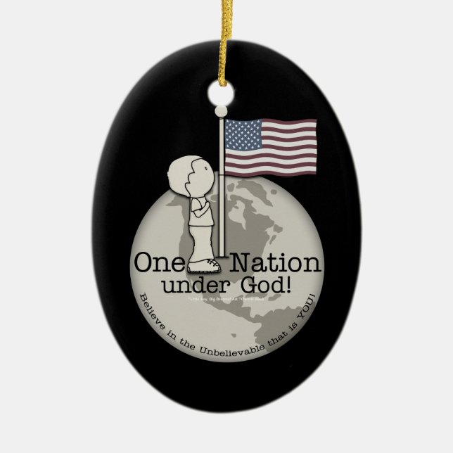 One Nation Under God-Little Boy at US Flag Ceramic Ornament (Front)