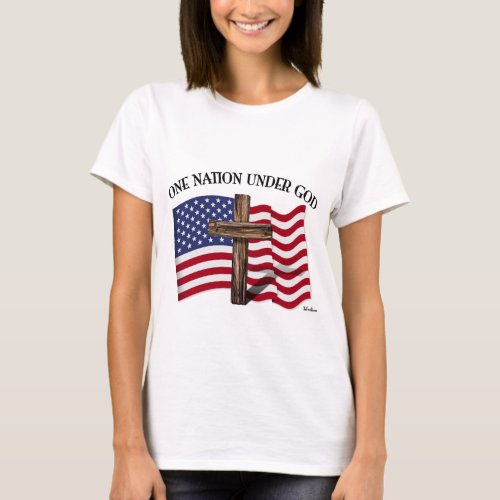 One Nation Under God with rugged cross and US flag T_Shirt