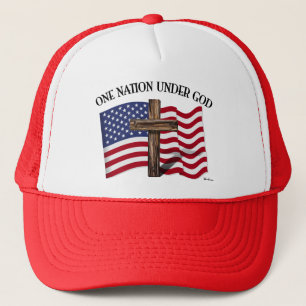 One Nation Under God with rugged cross and US flag Trucker Hat