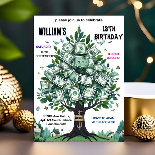 One Nature Cool Cash Only Money Tree 13th Birthday Invitation