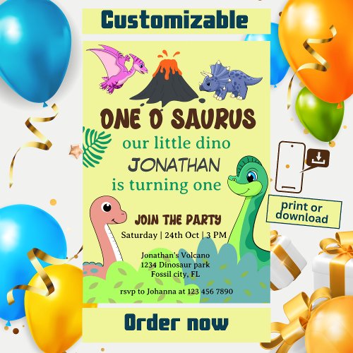 One O Saurus First Dinosaur Birthday  Invitation