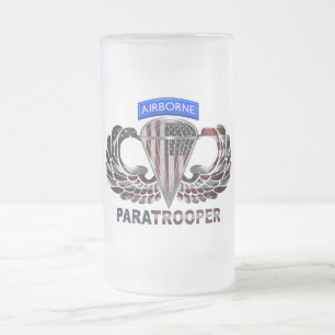 One of a Kind American Airborne Paratrooper Flag Frosted Glass Beer Mug