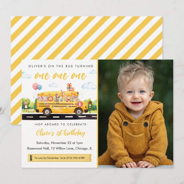 One One One School Bus 1st Birthday Invitation (Front/Back)