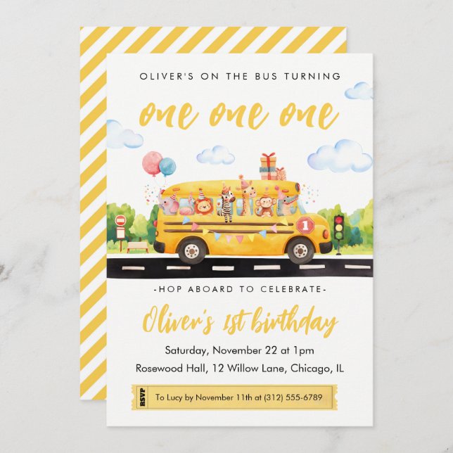 One one one School Bus 1st Birthday Invitation (Front/Back)