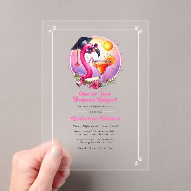 One or Two Degrees Hotter Flamingo Graduate Party Acrylic Invitations (Insitu (Handheld))