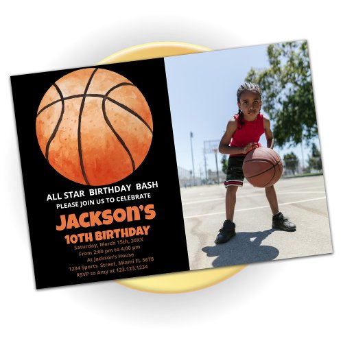 One Orange Basketball Birthday Invitations w photo