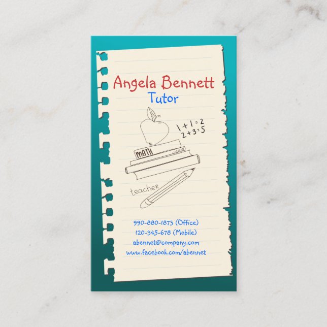 One Page Doodle Tutor Turquoise Business Card (Front)