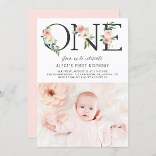 ONE Peach Florals First Birthday Photo Invitation