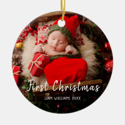 One photo baby first christmas modern white text ceramic ornament