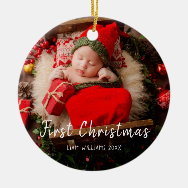 One photo baby first christmas modern white text ceramic ornament (Front)