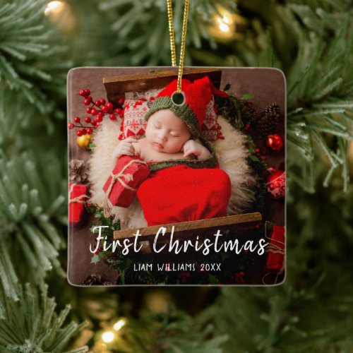 One photo baby first christmas modern white text  ceramic ornament
