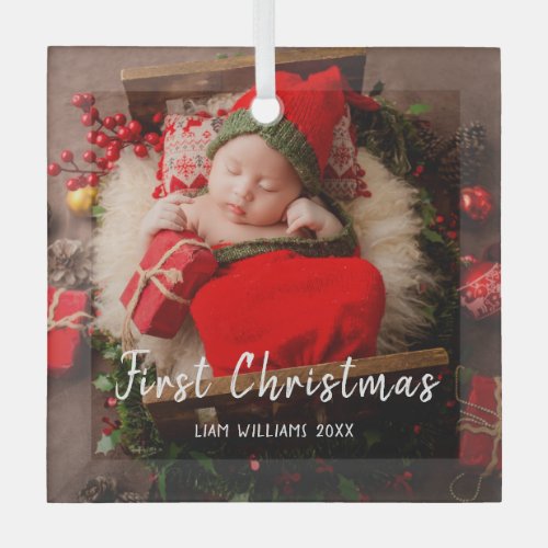One photo baby first christmas modern white text glass ornament