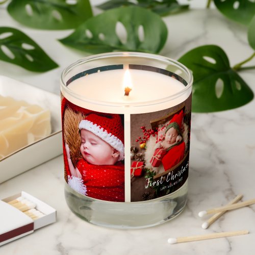 One photo baby first christmas modern white text  scented candle