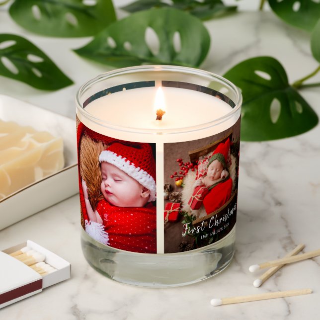 One photo baby first christmas modern white text  scented candle (Lit)