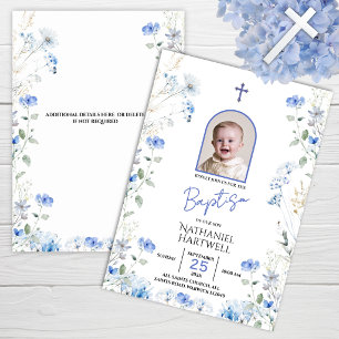 One Photo Blue Wild Flowers Baptism Invitation