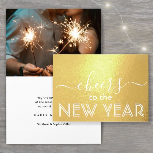 One Photo Cheers New Year Modern Script Gold Real Foil Card