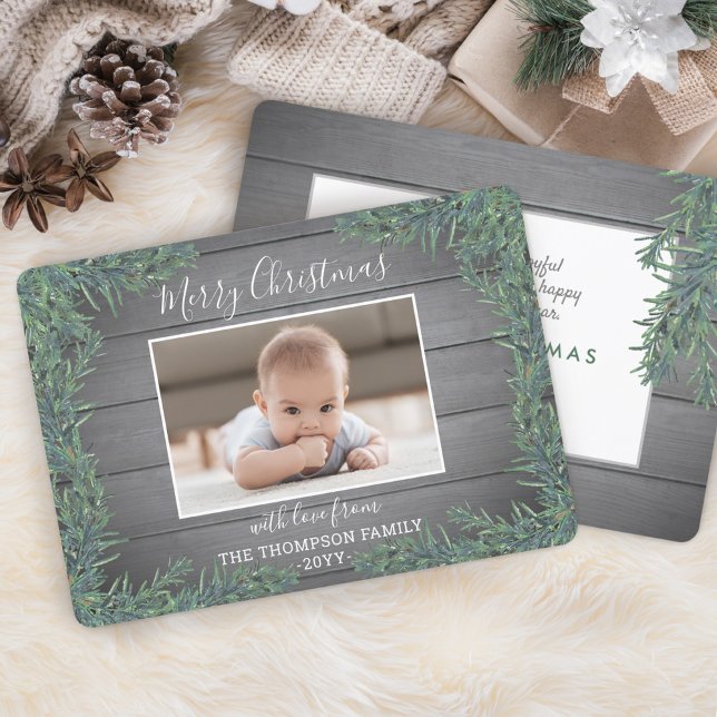 One Photo Christmas Greenery & Rustic Gray Wood Holiday Card (Creator Uploaded)