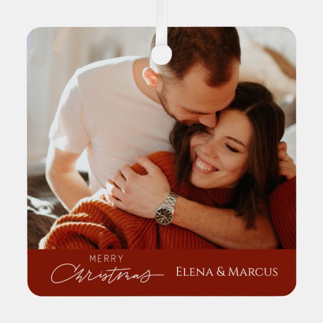 One photo Couples name Merry Christimas Tree  Metal Ornament (Front)