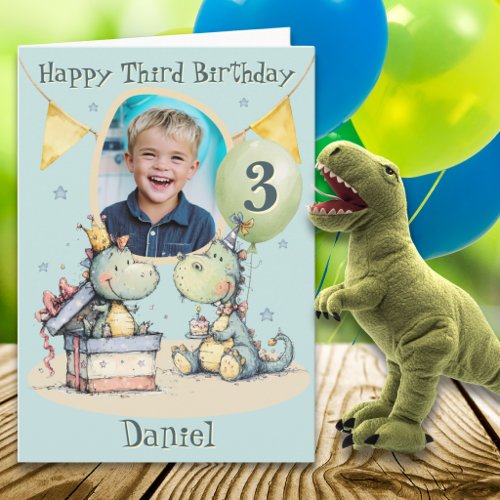 One photo Dinosaur Third Birthday Card