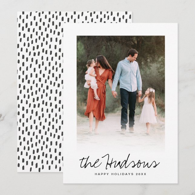 One Photo Elegant Black Script Calligraphy Flat Holiday Card (Front/Back)