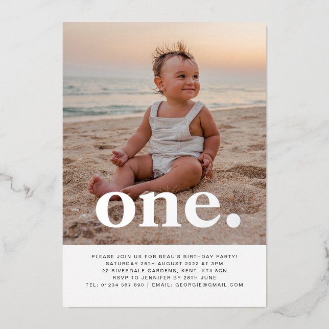 One Photo First Birthday Silver Foil Invitation (Front)