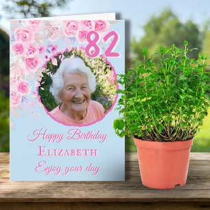 One Photo Floral 82nd Birthday Card