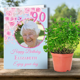 One Photo Floral 90th Birthday Card