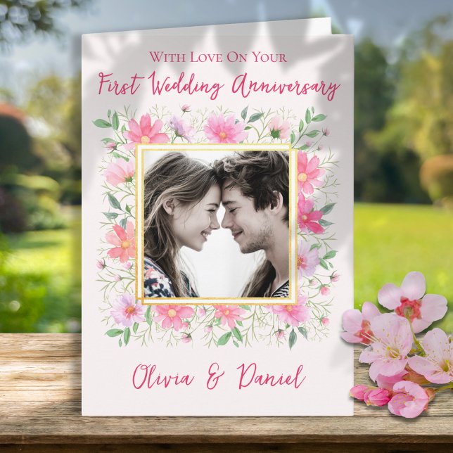 One Photo Floral First Wedding Anniversary Card (Creator Uploaded)