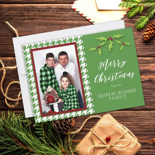 One Photo Green and White Houndstooth Holiday Card (Green & White Houndstooth Christmas Card)