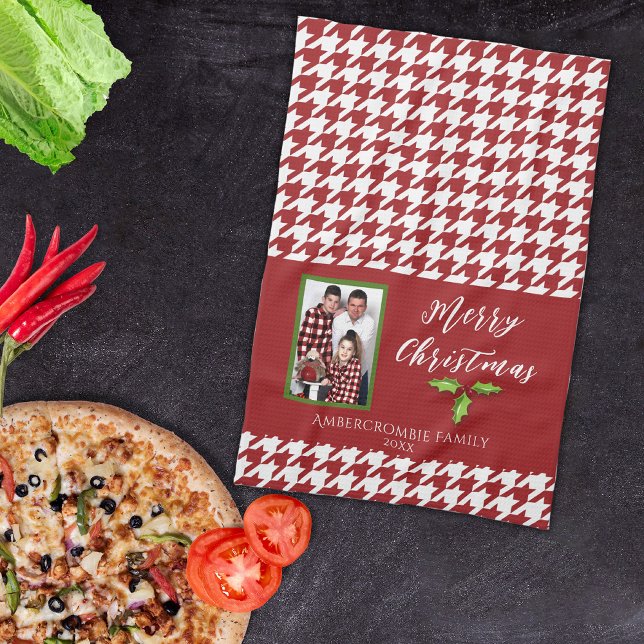 One Photo Holiday Red and White Houndstooth Kitchen Towel (Cute red houndstooth kitchen towel for your holiday display or to offer as gifts.)