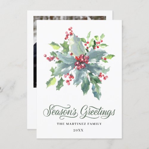 ONE PHOTO Holly and Berry Watercolor Greenery 2022 Holiday Card