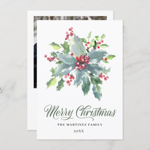 ONE PHOTO Holly and Berry Watercolor Greenery 2022 Holiday Card
