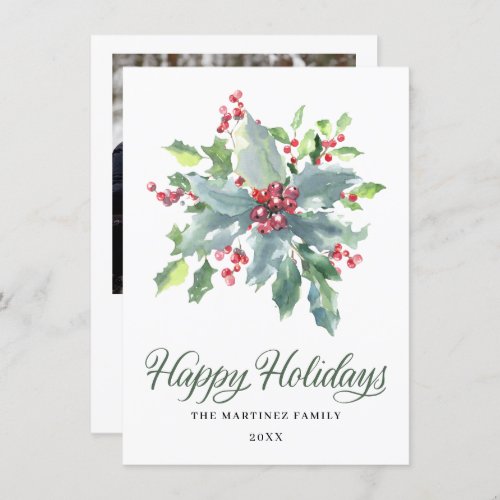ONE PHOTO Holly and Berry Watercolor Greenery 2022 Holiday Card