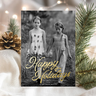 One Photo Lettering Overlay Happy Holidays Gold Foil Holiday Card