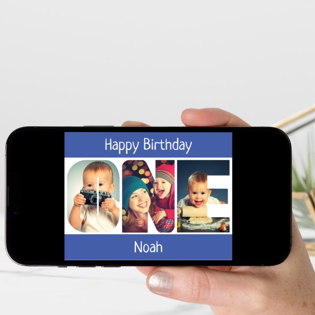 ONE Photo Letters Blue Boys 1st Birthday Card (Front Digital)