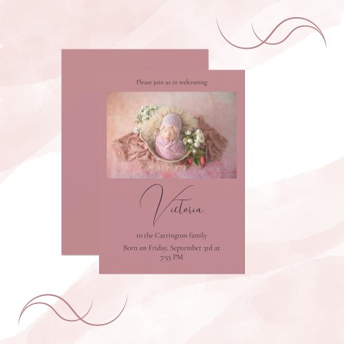 One Photo Mauve Baby Birth Announcement Card